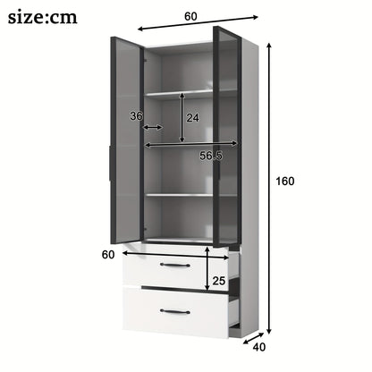 Vitrinekast – Vitrinekast Modern – Bergkast – Displaykast – Opbergkast – 160x80x40 cm – Wit Glas en Metaal – Zacht Sluitende Deuren en Lades