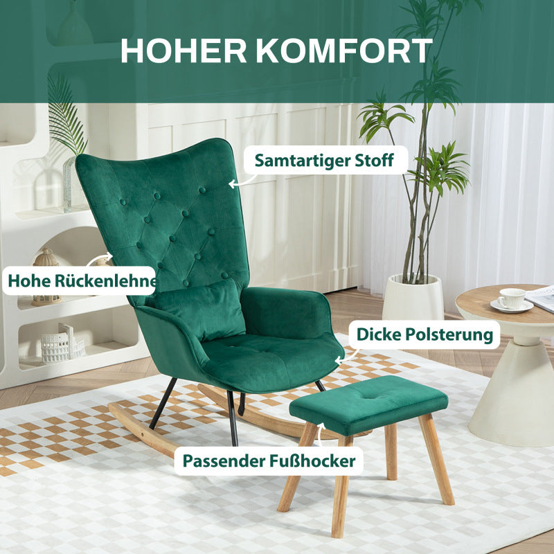 Schommelstoel – Relaxstoel – Schommelstoel Met Voetenbank – Lounge Stoel – Fauteuil – Groen – Fluwelen Bekleding – Houten Poten