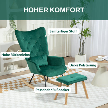 Schommelstoel – Relaxstoel – Schommelstoel Met Voetenbank – Lounge Stoel – Fauteuil – Groen – Fluwelen Bekleding – Houten Poten