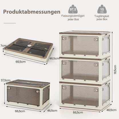Opbergdoos – Opbergbox – Opbergmand – Bewaardoos – Opbergbak – Stapelbaar – Inklapbaar – 3 x 97,5L – Met Wieltjes en Vijf Openingen – Kunststof Wit
