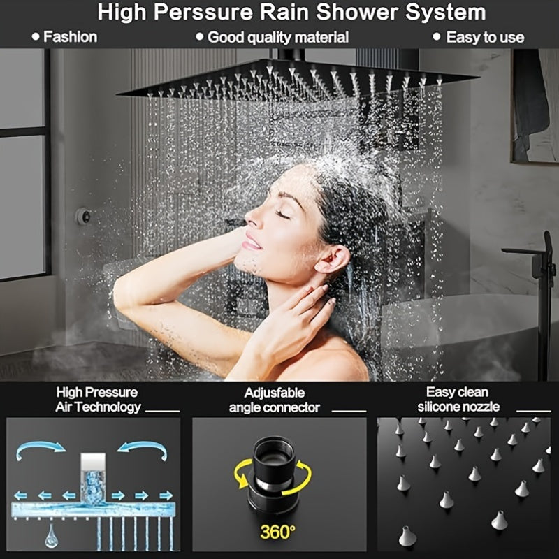 Douchesysteem Zwarte Douche Set Regendouche Handdouche Mengkraan Thermostaat – Matte Zwart – 40,64 cm Regendouche – Wandmontage – Zonder Elektriciteit – Onderhoudsvriendelijk