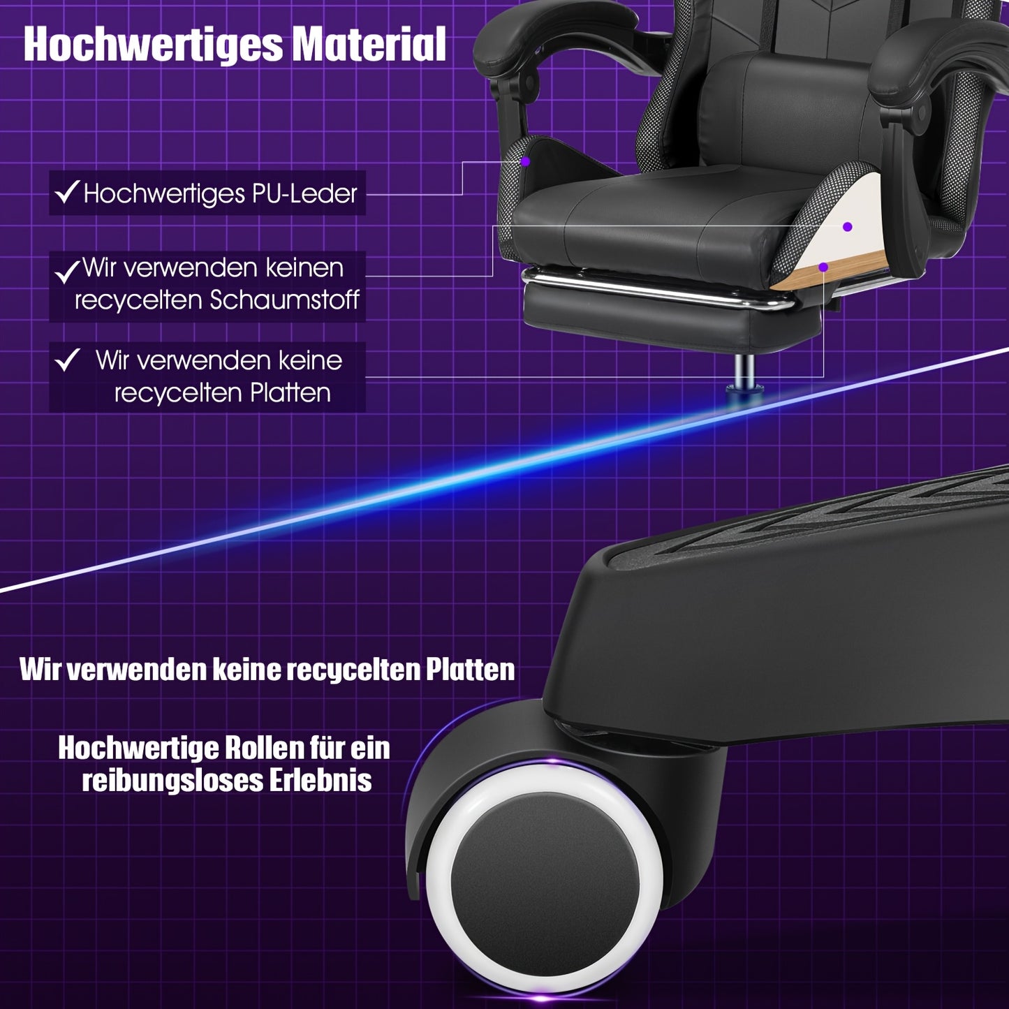 Black RGB Gaming Chair with Linkage Armrests, Foldable Base, Adjustable Height, Reclining Backrest, Footrest Support, Wooden Board Frame & Shaped Foam Cushion, Durable Nylon Base
