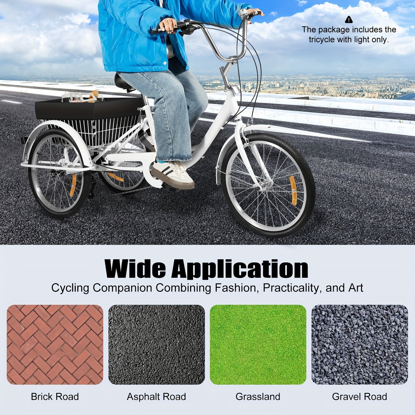 Driewieler – Driewieler Fiets – Volwassenen Driewieler – Driewieler Met Mand – Driewieler 3-Wiel – Wit – 50,8 cm – 8 Versnellingen – Verstelbaar Zadel