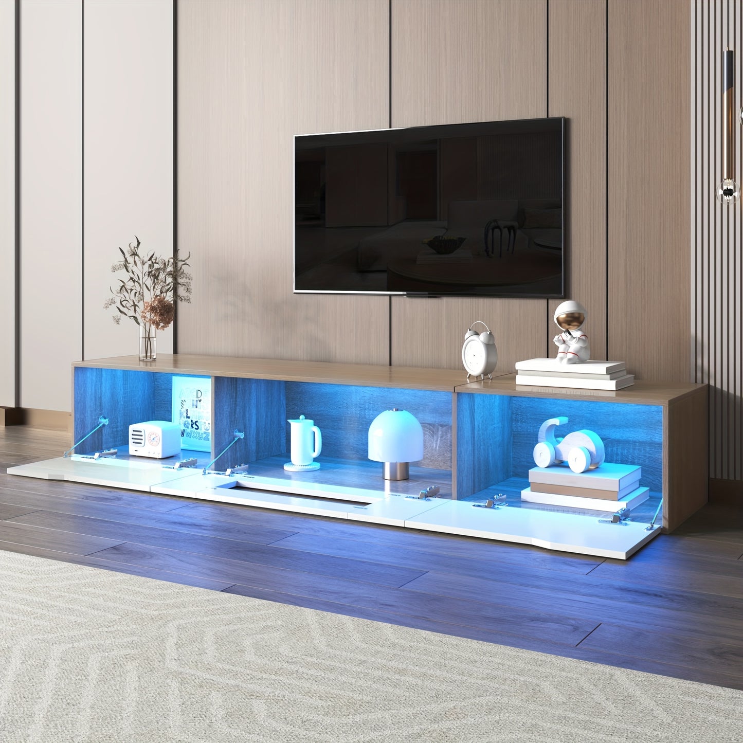TV Stand, Entertainment Cabinet, High-Gloss TV Stand, Colour Scheme High-Gloss White And Wood, TV Stand Size 180 X 35 X 30 Cm
