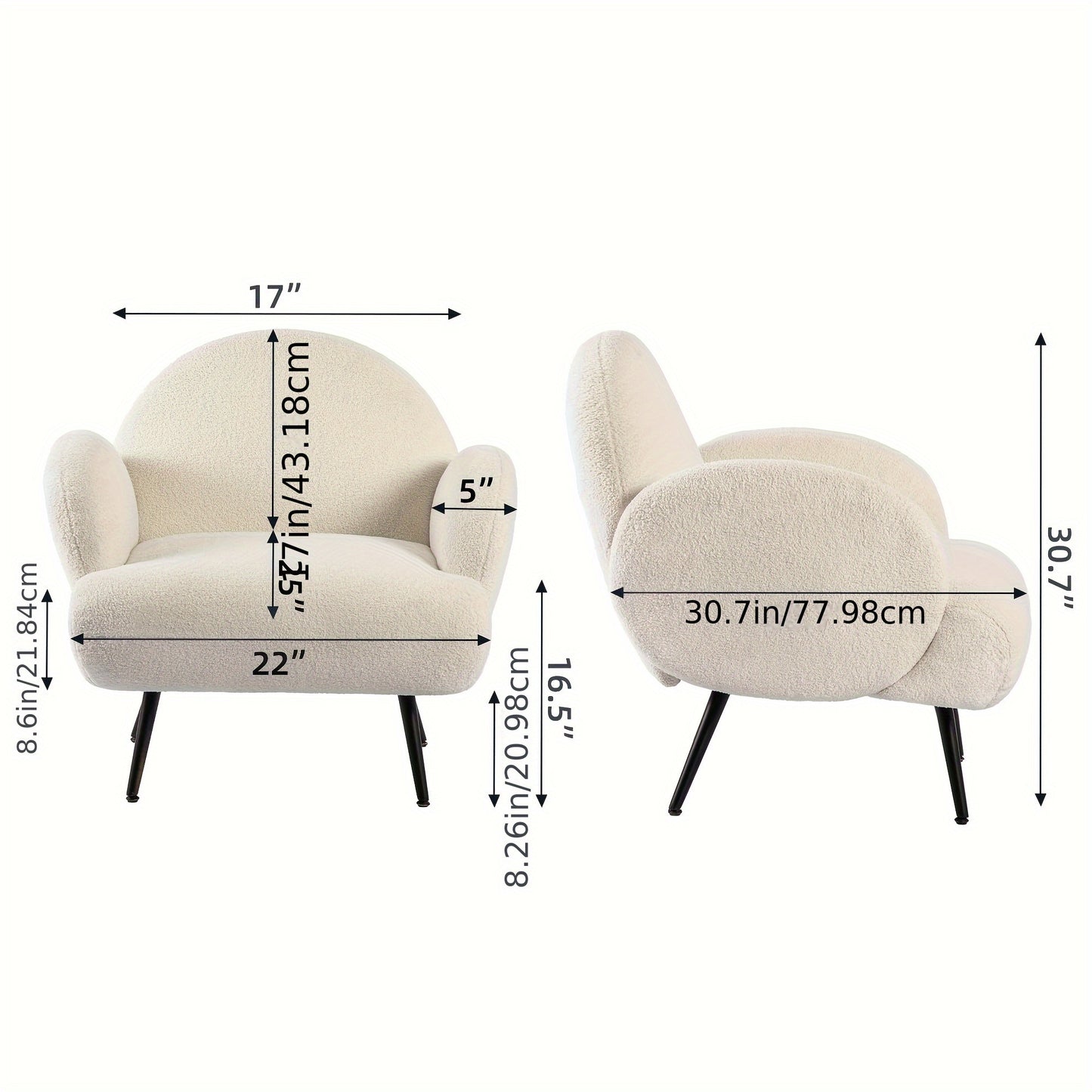 Sherpa Fauteuil – Fauteuil – Leunstoel – Leesstoel – Zithoekstoel – Wit – Zachte Teddy Stof – Zwarte Metalen Poten