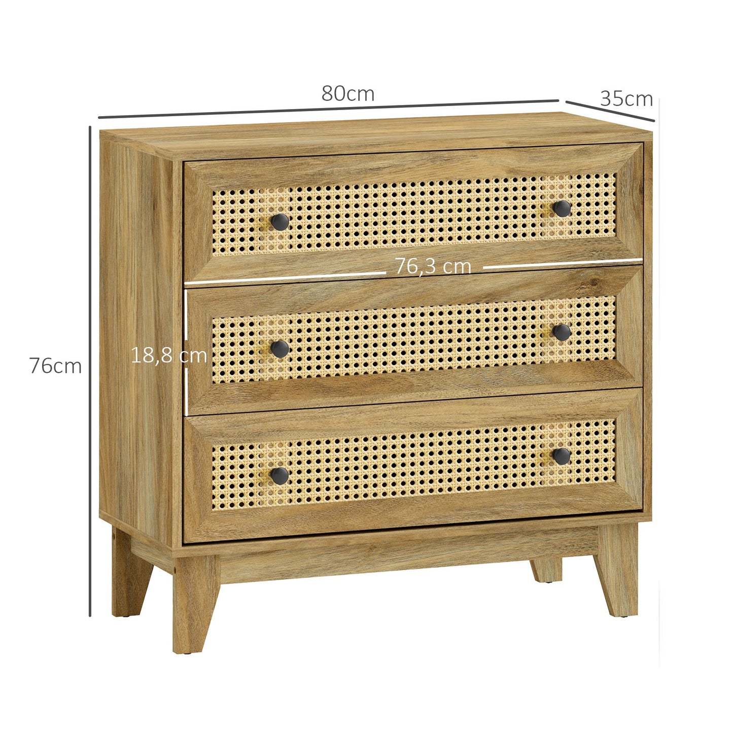 Ladekast – Ladenkast – Dressoir – Opbergkast – Kastje – 3 Lades – Natuurlijk Rattan – 80x35x76 cm