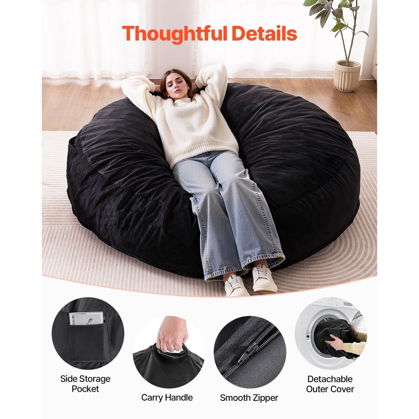 Grote Zitzak – XXL Zitzak – Loungestoel – Poef – Bodemstoel – Velvet Stof – Afneembare Wasbare Hoes – 66-72 Inch – Hoge Dichtheid Schuimvulling – Lichtgewicht Met Handvat