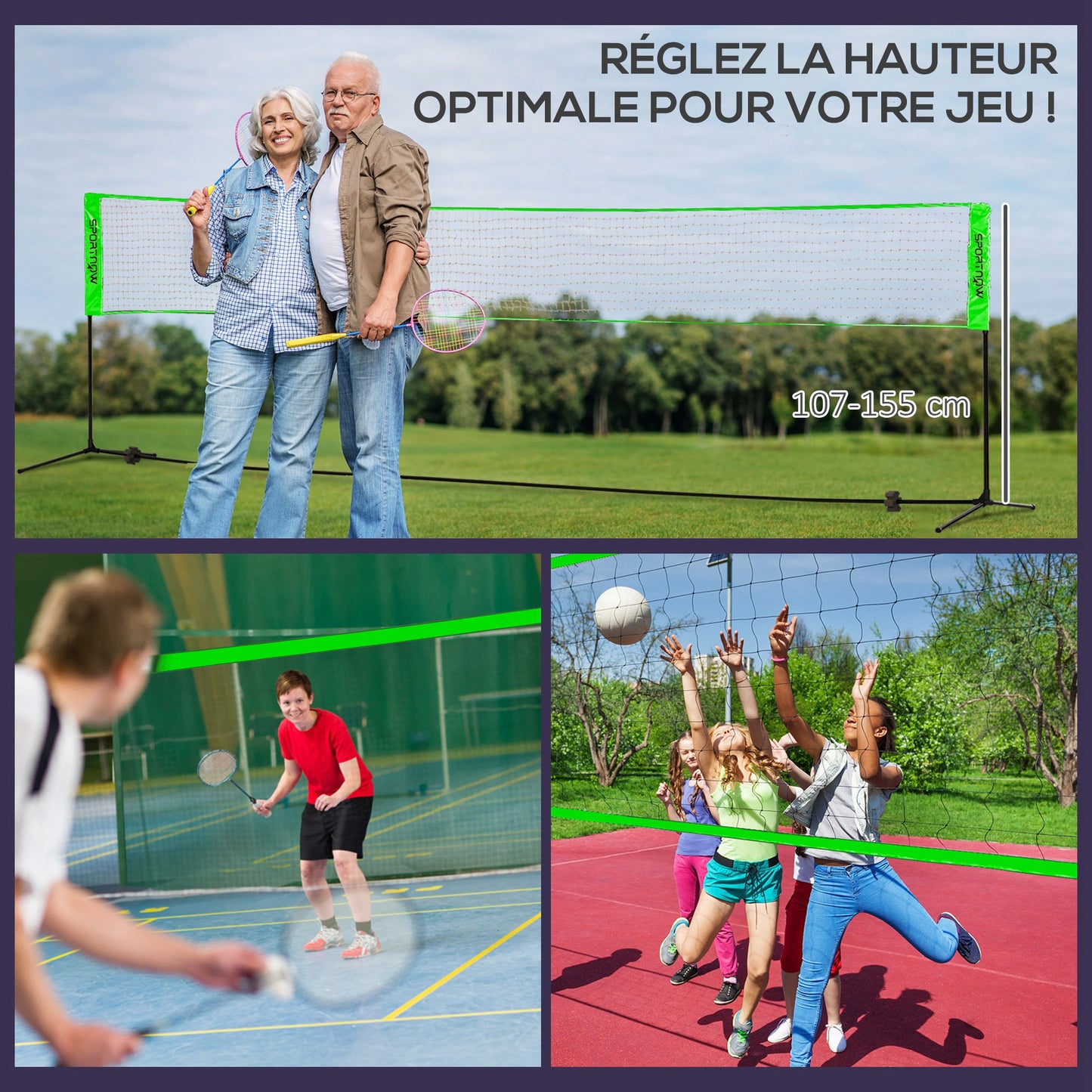 Badmintonnet – Pickleball Net – Volleyball Net – Sportnet – Multisport Set – Verstelbaar Net 107-155 cm – Duurzaam PE Materiaal
