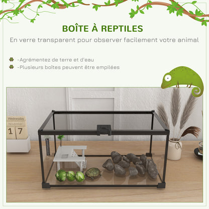Terrarium voor schildpadden – Reptielenbak – Vivarium – Terrariumkast – Reptielenhuis – Met Sluitbaar Metalen Gaasdeksel – Gemaakt van Glas en Metaal – Inclusief Platform met Oprit en Thermometer – Afmetingen 50x30x25 cm