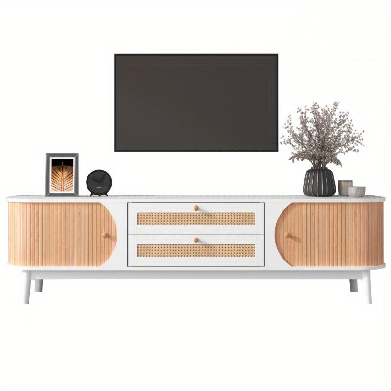 Wood Blend TV Meubel – TV Kast – TV Stand – Entertainment Unit – TV Dressoir – Rattan Zijkanten – Natuurlijke Landelijke Stijl – Met Deuren En Lades