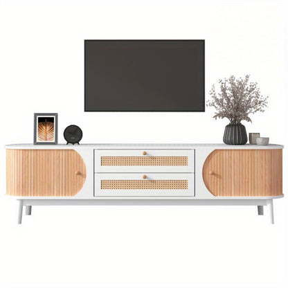 Wood Blend TV Meubel – TV Kast – TV Stand – Entertainment Unit – TV Dressoir – Rattan Zijkanten – Natuurlijke Landelijke Stijl – Met Deuren En Lades