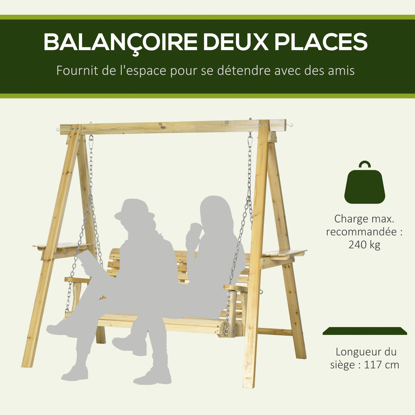 Houten Tuitschommel – Tuinbank Schommel – Buiten Schommel – Tweezits Schommel – Natuurlijke Houtvariant – Verstelbare Hoogte – Ergonomisch Comfort – 196x120x171 cm