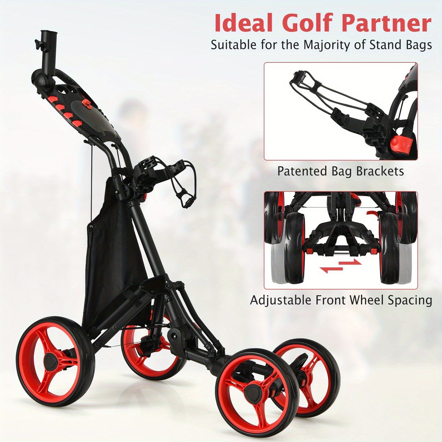 Golfkar – Golfwagen – Golftrolley – Golfbuggy – Golfkarretje – Lichtgewicht Polypropyleen Frame – Verstelbare Handgreep Met Voetrem – Rood/Zwart