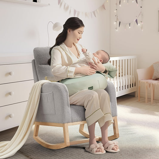 Schommelstoel Grijs – Schommelstoel Babykamer – Lounge Stoel Woonkamer – Relaxstoel Slaapkamer – Accentstoel Met Opbergtas – Stevig Rubberhout Frame – Ademend Linnen Bekleding