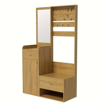 Kapstokkast – Garderobekast – Kapstok – Halmeubel – Garderoberek – Multifunctioneel – Compact – Vrijstaand – Rieten Beige/Bruin – Verstelbare Planken – Kledingroede – Spiegel