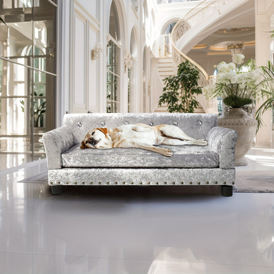Hondenbankje – Hondenbed – Huisdier Sofa – Orthopedisch Bed – Hondenkussen – Eucalyptus Houten Frame – Nederlands Fluweel – Orthopedische Polyurethaanvulling – Verhoogde Constructie