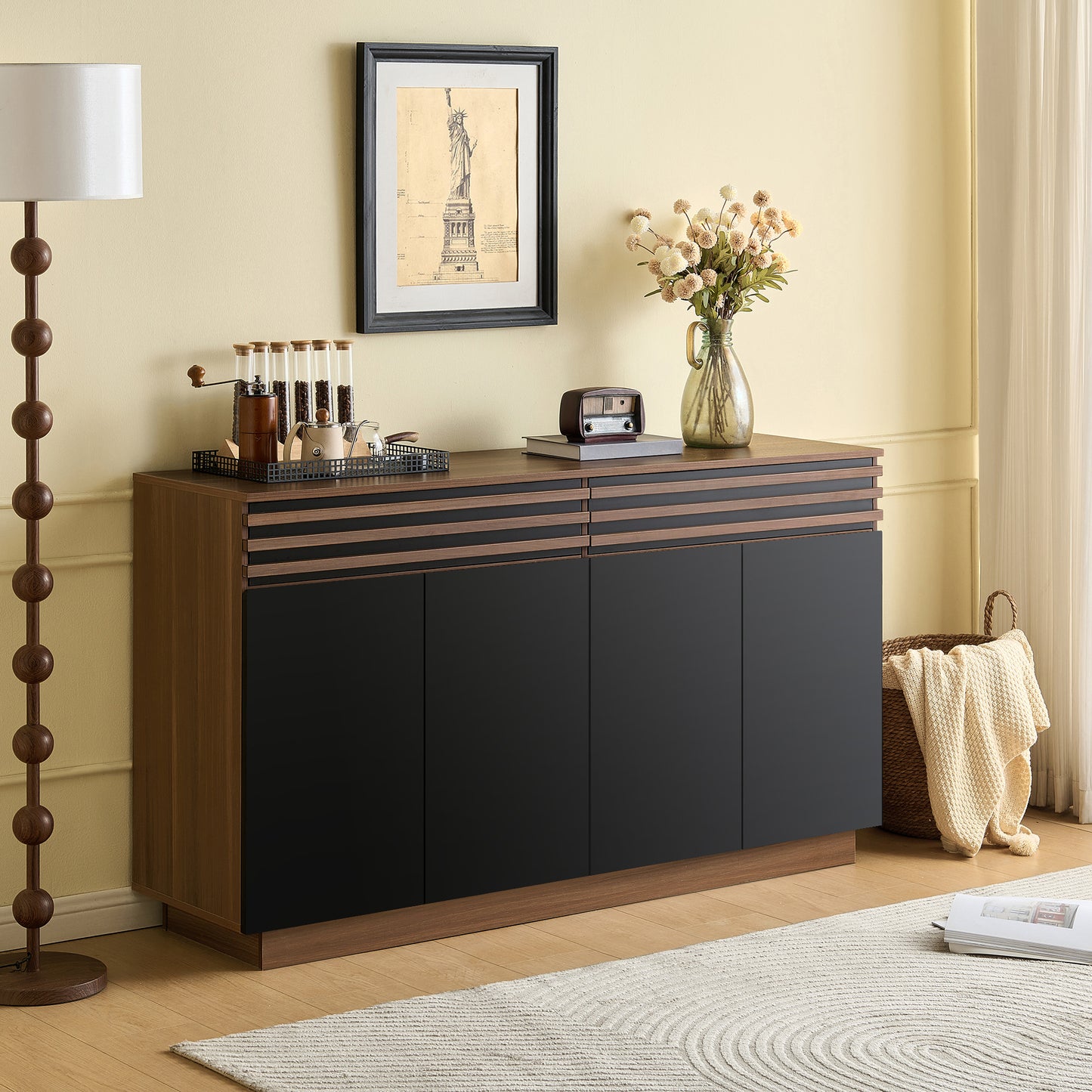 Dressoirkast – Sideboard – Buffetkast – Opbergkast – Kast – Zwart – 150x40x85 cm – MDF – 2 Lades & 4 Deuren – Ruime Opbergruimte