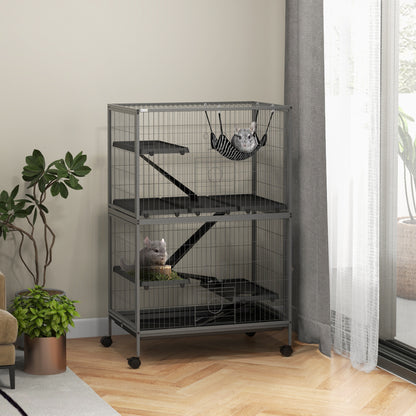 Multifunctional Rodent Cage by Pawhut with 4 Platforms, 3 Ramps, 4 Doors, Size 80L x 52W x 128H cm, Steel, Silver Gray, Black