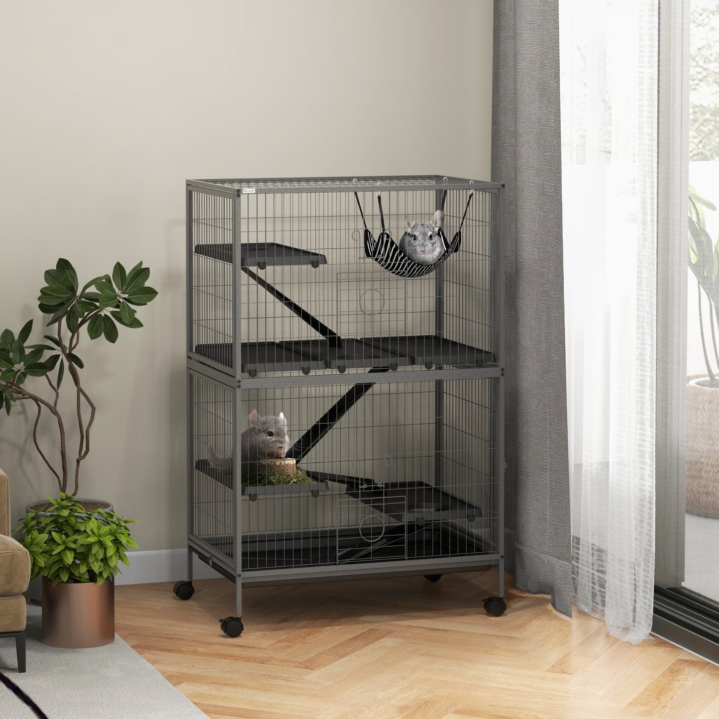 Multifunctionele Knaagdierkooi – Hamsterkooi – Caviakooi – Muizenkooi – Rodent Kooi – Met 4 Platforms – Stevig Stalen Frame – 80x52x128 cm – Grijs-Zwart