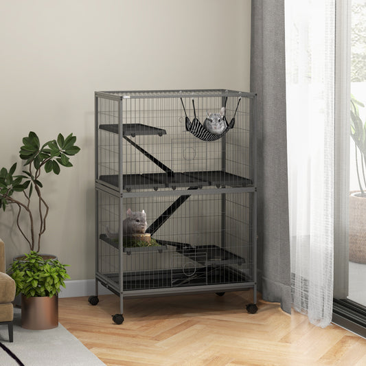 Multifunctionele Knaagdierkooi – Hamsterkooi – Caviakooi – Muizenkooi – Rodent Kooi – Met 4 Platforms – Stevig Stalen Frame – 80x52x128 cm – Grijs-Zwart