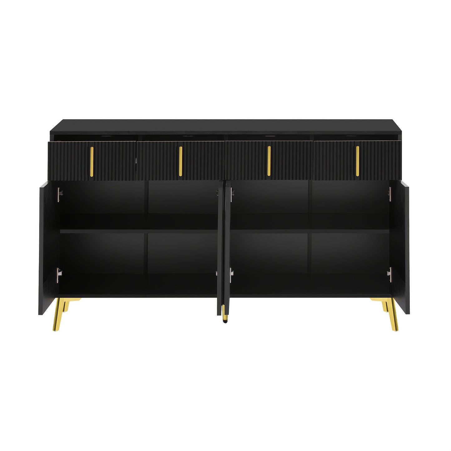 Dressoir – Opbergkast – Ladekast – Commode – TV-meubel – Mat Zwart Met Gouden Accenten – 4 Deuren En 4 Laden – Hardhout Met Afneembaar Laminaat – 140 cm Breed