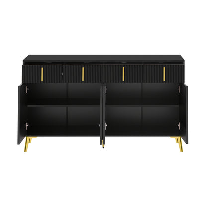 Dressoir – Opbergkast – Ladekast – Commode – TV-meubel – Mat Zwart Met Gouden Accenten – 4 Deuren En 4 Laden – Hardhout Met Afneembaar Laminaat – 140 cm Breed