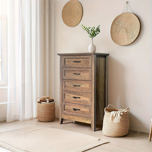 Solid Vintage 5-Drawer - Tall Wood Chest of Drawers, No ssembly Required, Classic Organizer for Closet, Living Room & Hallway, Sturdy Multi-Functional Furniture with Timeless ntique (Under 68.58cm Height), Drawer For Clothes,