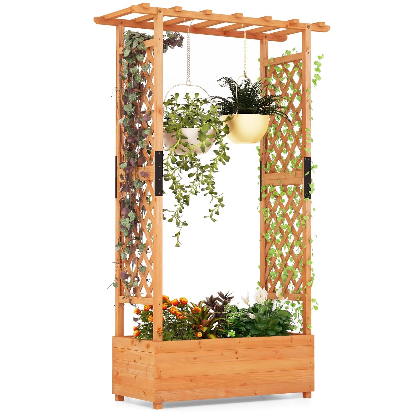 Houten Plantenbak – Verhoogde Tuinbak – Bloembak – Kruidenbak – Klimplantenbak – Met Klimhulp en Hangdak – Stevig Dennenhout – Waterafstotend Oranje 110x44x182 cm