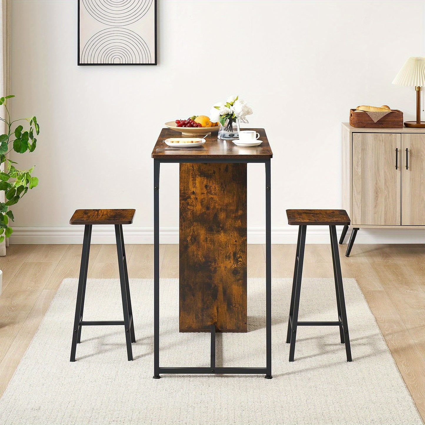 3pcs Dining Table Set for 2, Kitchen Table and Chairs with Storage Drawer & Shelf - Compact Kitchen Table and 2 Bar Stools, Perfect for Small Kitchens, Apartments, Brown, Spacesaving Furniture, Minimalist Furniture, Contempor