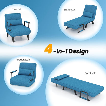 4-in-1 Slaapstoel – Slaapbank – Lounge Stoel – Vouwstoel – Relaxstoel – 5-Posities Verstelbare Rugleuning – Afneembare Kussen – Blauw