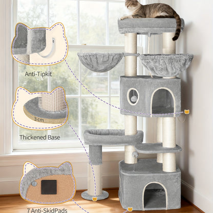 Kattenkrabpaal – Krabton – Kattenhuis – Kattenmeubel – Kattenboom – 163 cm Hoog – Geschikt Voor Grote En Meerdere Katten – Lichtgrijs Beige