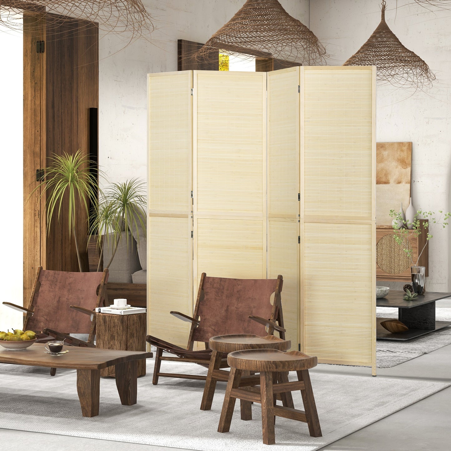 Bamboe Kamerscherm – Kamerscheiding – Roomdivider – Vouwscherm – Privacy Scherm – Natuurlijke Houtkleur – 4 Panelen 180x180 cm – Lichtgewicht & Opvouwbaar