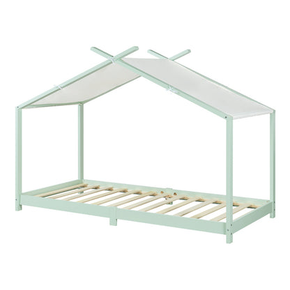 Kinderbed Huisbed – Bedhuisje – Kids Bed – Speelbed – Jongensbed – Mintgroen – 90 x 200 cm – Massief Dennenhout – Afneembaar Stoffen Dak