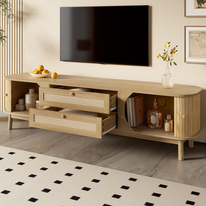 TV-Meubel – TV-Kast – TV-Board – Lowboard – Media Meubel – Hout Met Rattan Optiek – Schuifdeur Met Opbergruimte – Scandinavisch Design 170x39,5x46 cm