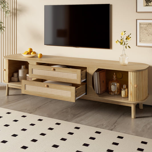 TV-Meubel – TV-Kast – TV-Board – Lowboard – Media Meubel – Hout Met Rattan Optiek – Schuifdeur Met Opbergruimte – Scandinavisch Design 170x39,5x46 cm