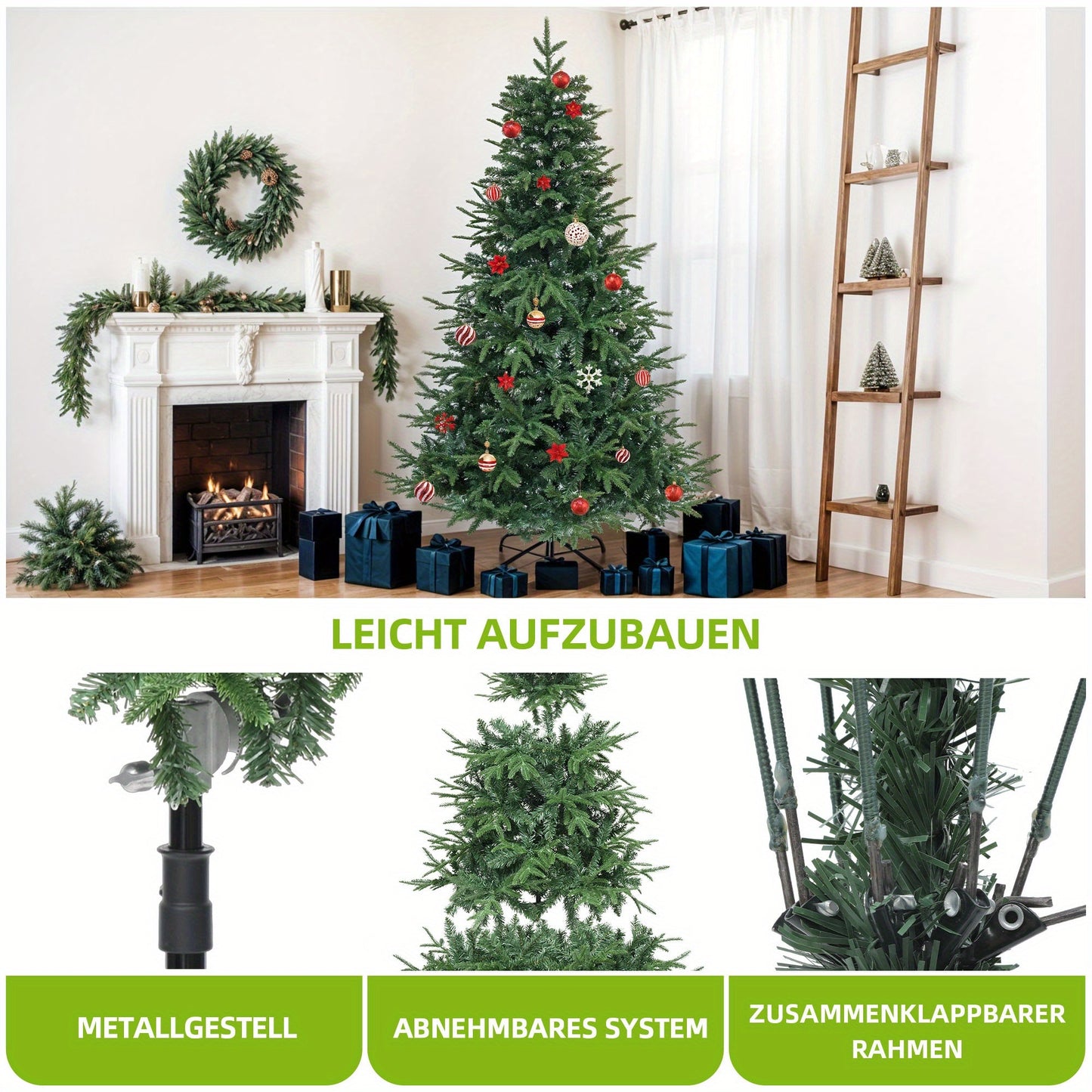 Kerstboom – Kunstkerstboom – Kunstspar – Nepboom – Dennenboom – 212 cm Hoog – Stevige Roestvrijstalen Standaard – Volle Groen Kunststof Naalden – Inklapbaar & Snel Op Te Zetten