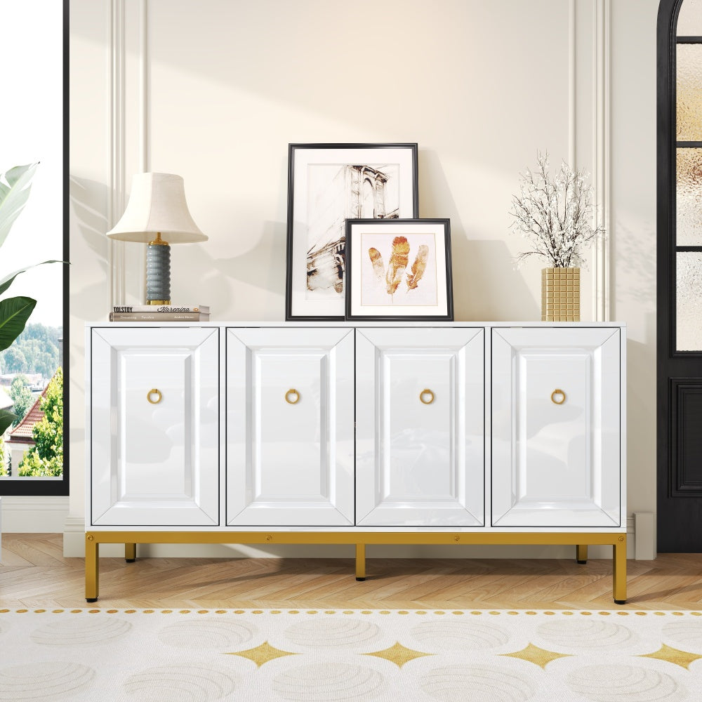 Dressoir – Sideboard – Opbergkast – Ladekast – Wandkast – Hoogglans Wit – Gouden Accenten – 140x80x40 cm – Ruime Opbergruimte