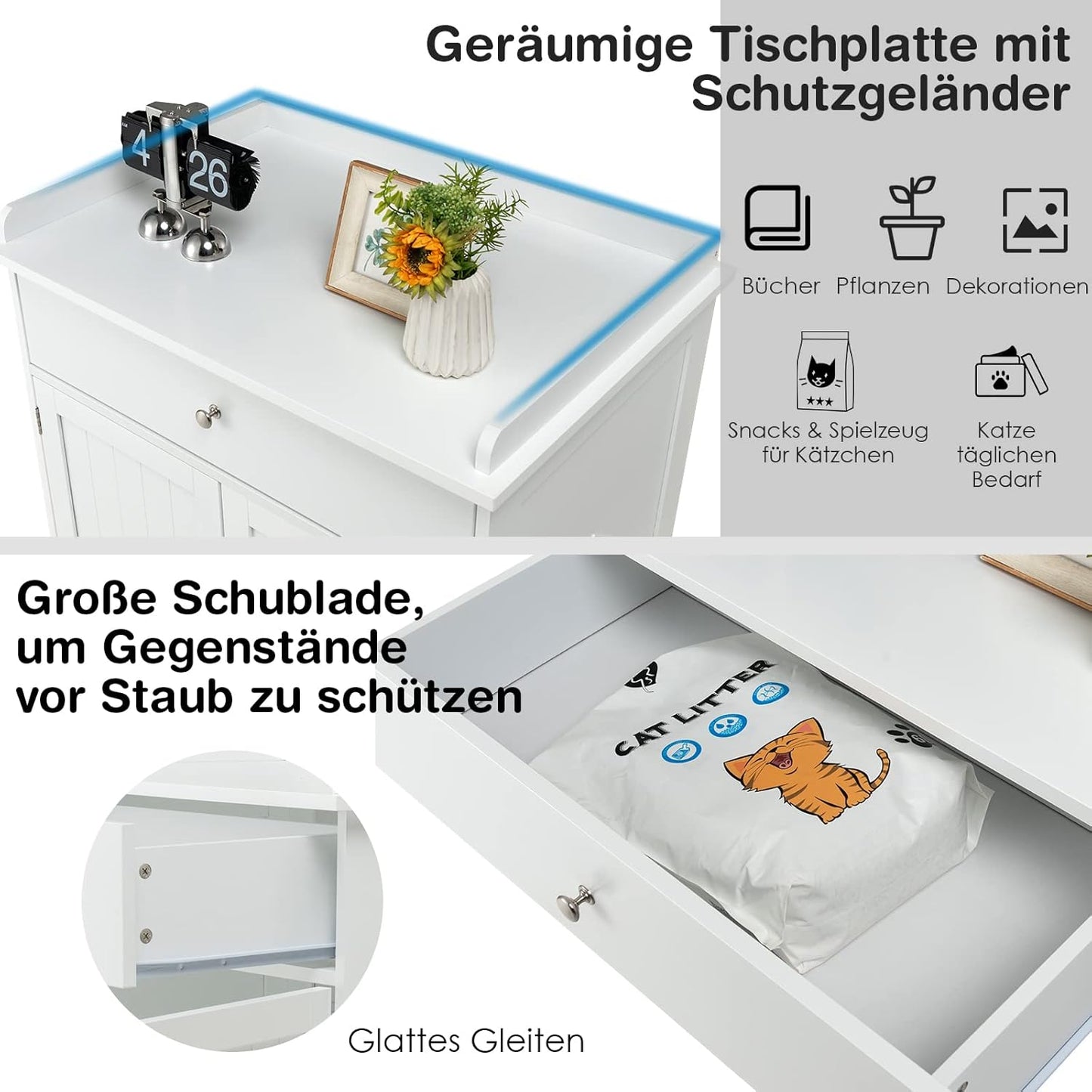 Kattenkast – Kattenhuis – Kattenbakkast – Kattenmeubel – Kattenverblijf – 3-in-1 Design – Ruime Lade – Wit MDF Met Ventilatie