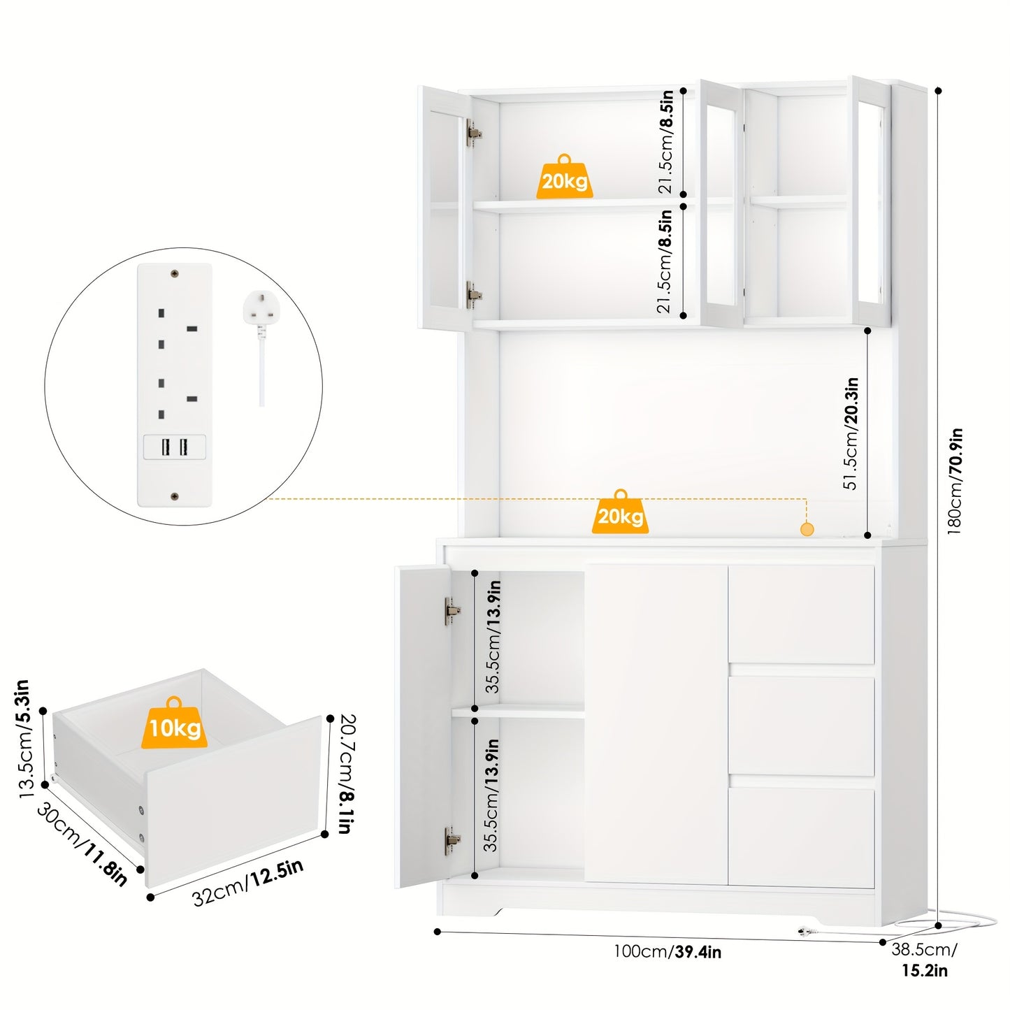 Dressoir – Ladekast – Opbergkast – Buffetkast – Keukenkast – Wit – 180x100x38,5 cm – 3 Lades & 5 Deuren Met Verstelbare Planken