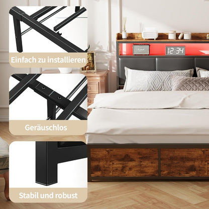 Tweepersoons Opbergbed – Bed Met Laden – Slaapbank – Opbergbed – Led Bed – 140x200 cm – PU Leer Hoofdbord – USB Oplaadpoorten