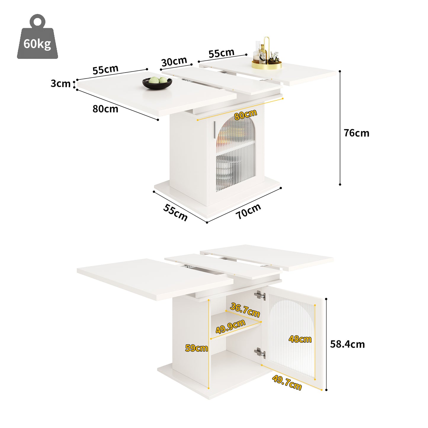 Uitklapbare Eettafel – Uitschuifbare Tafel – Tafeltje – Klaptafel – Inklapbare Keukentafel – 110-140x80x76 cm – MDF Marmerlook – 3 Verstelbare Vakken