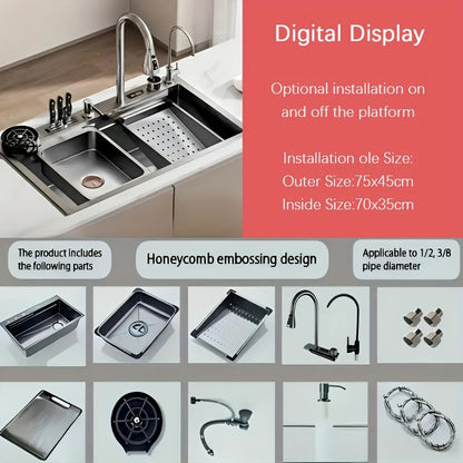 Digital Display Waterfall Kitchen Sink with Pull-Out Faucet Combo - 75x45cm Smart Waterfall Sink Honeycomb Deep Single Bowl with Accessories,  Contemporary Design, Easyclean Surface, Modern Homeowners, Interior Designers
