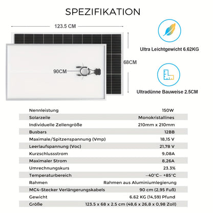 Zonnepaneel – Solar Panel – Zonnecellen – Zonne-energie – Monokristallijn Paneel – 150 Watt – Hoog Rendement – 12V/24V Compatibel