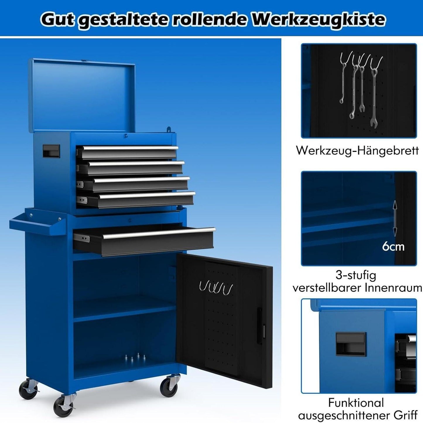 Werkplaatswagen – Gereedschapswagen – Gereedschapskast – Werkbank – Toolcart – 2-in-1 Afneembaar Ontwerp – 100 Kg Draagvermogen – Blauw – Verstelbare Plank – Vergrendelbaar