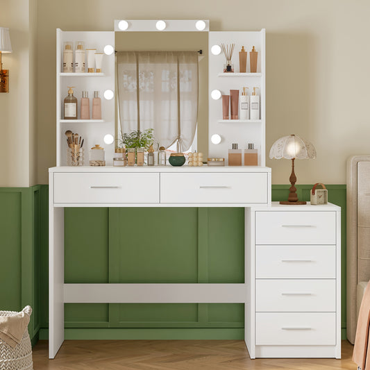 Toilettafel – Kaptafel – Make-up Tafel – Opmaaktafel – Dressoir – Wit – Verlichte Spiegel – 6 Laden en 4 Open Vakken