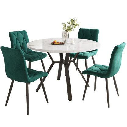 Eetkamerset Rond – Ronde Tafelset – Eettafel Met Stoelen – Dinerset – Eettafelset – Modern Minimalistisch Design – Marmeren Blad & Groen Suède Beklede Stoelen