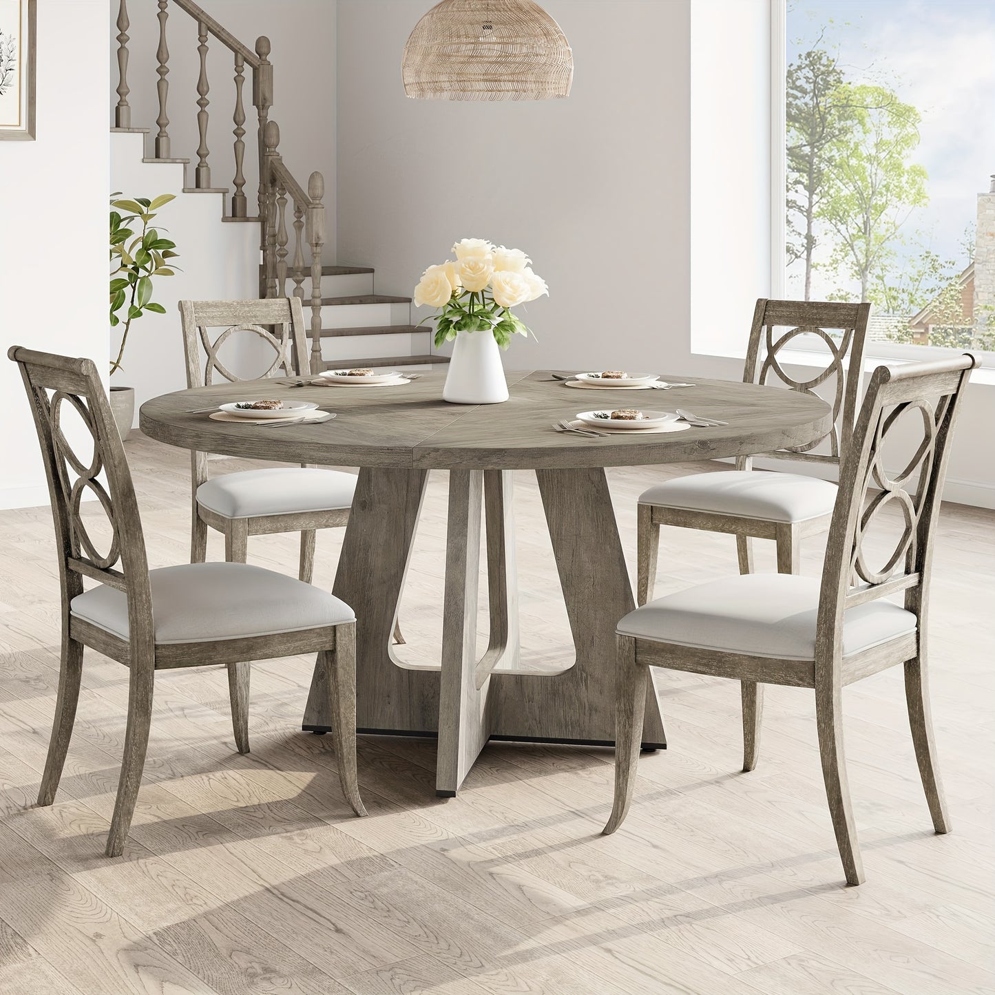 Ronde Eettafel – Eetkamertafel – Tafel Rond – Hardhouten Tafel – Eettafel Grijs – Massief Houten Tafelblad – Verstelbare Antislip Pootdoppen – 120 cm Diameter – 75 cm Hoogte – Stabiel Met Metalen Beugels