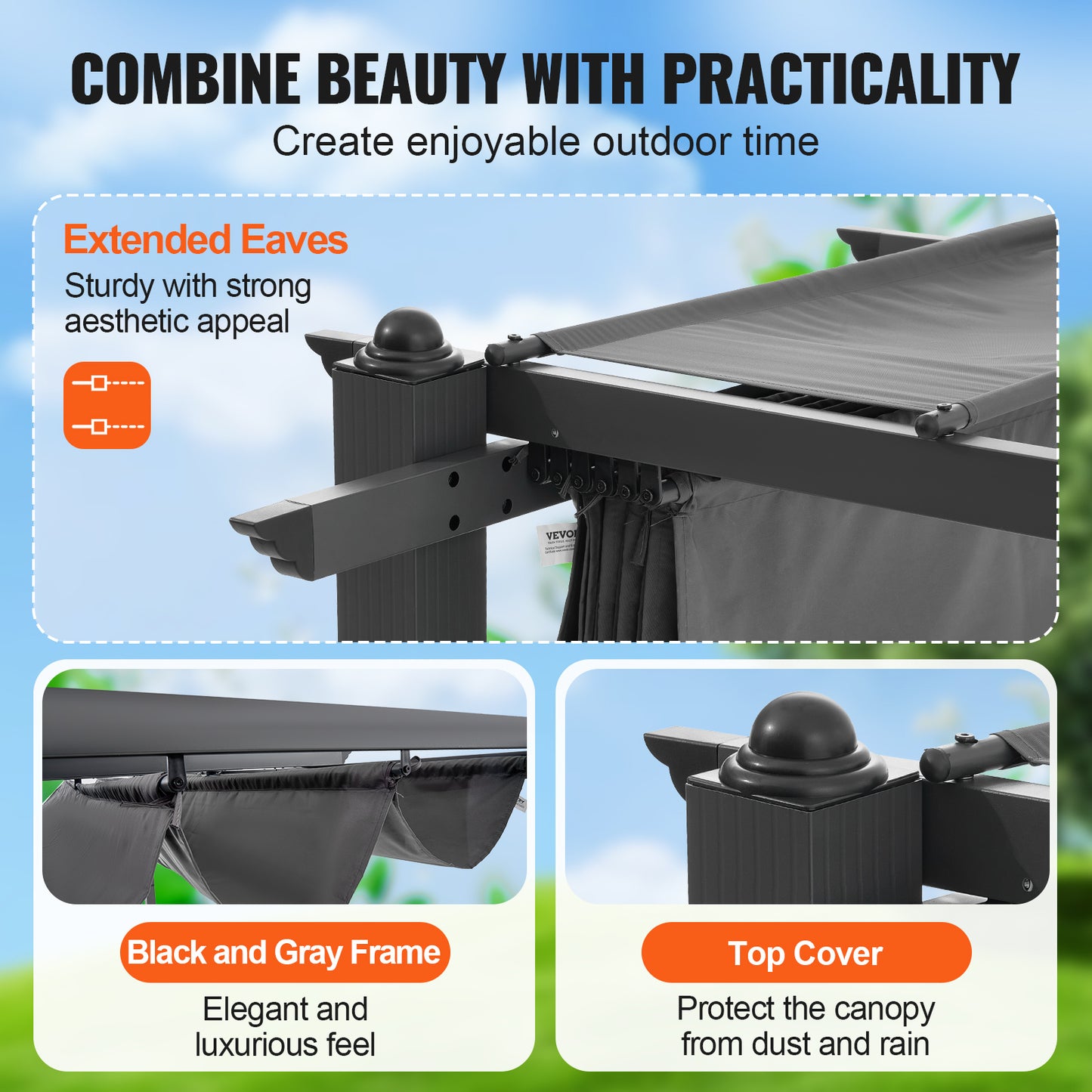 Pergola – Tuinprieel – Terrasoverkapping – Tuinpaviljoen – Zonwering – Uitschuifbaar Dak – Aluminium Frame – 3x3 Meter – UV-Bescherming – Weerbestendig – Grijs