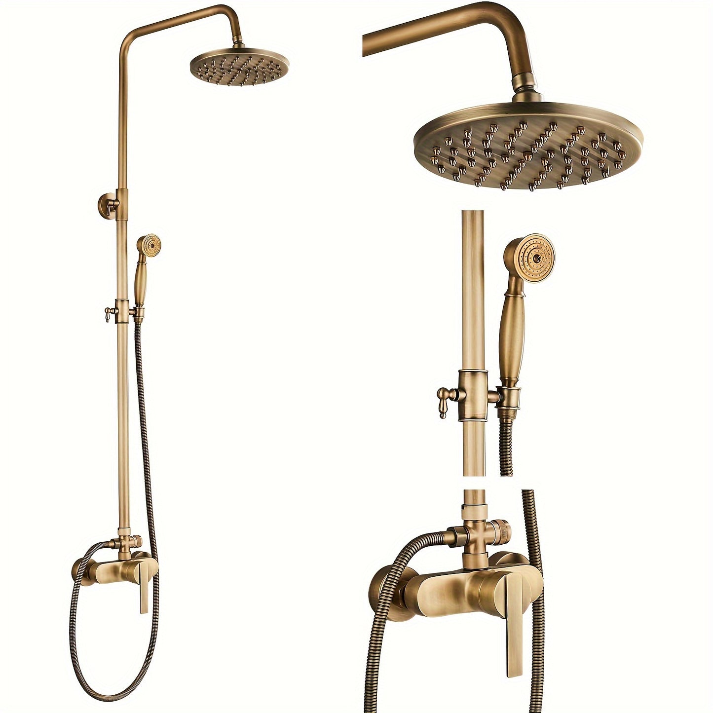 Doucheset Antiek Messing – Regendouche – Handdouche – Badkamerkraan – Douchearmatuur – Verstelbare Hoogte 70-120 cm – 8 Inch Regendouchekop