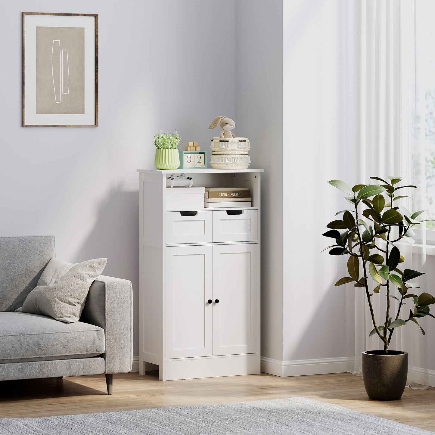 Badkamerkast – Badkamermeubel – Opbergkast – Kolomkast – Wastafelonderkast – Wit Gelakt – Compact 60x30x109 cm – Met 2 Laden en 1 Deur
